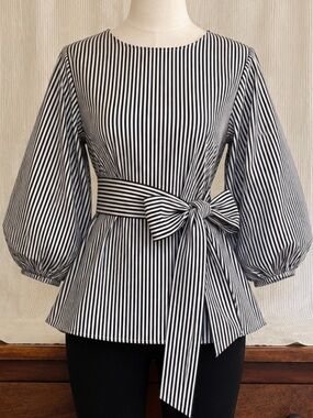 Hawalili Black & White Stripe Tie Waist Peplum Blouse | Size Small